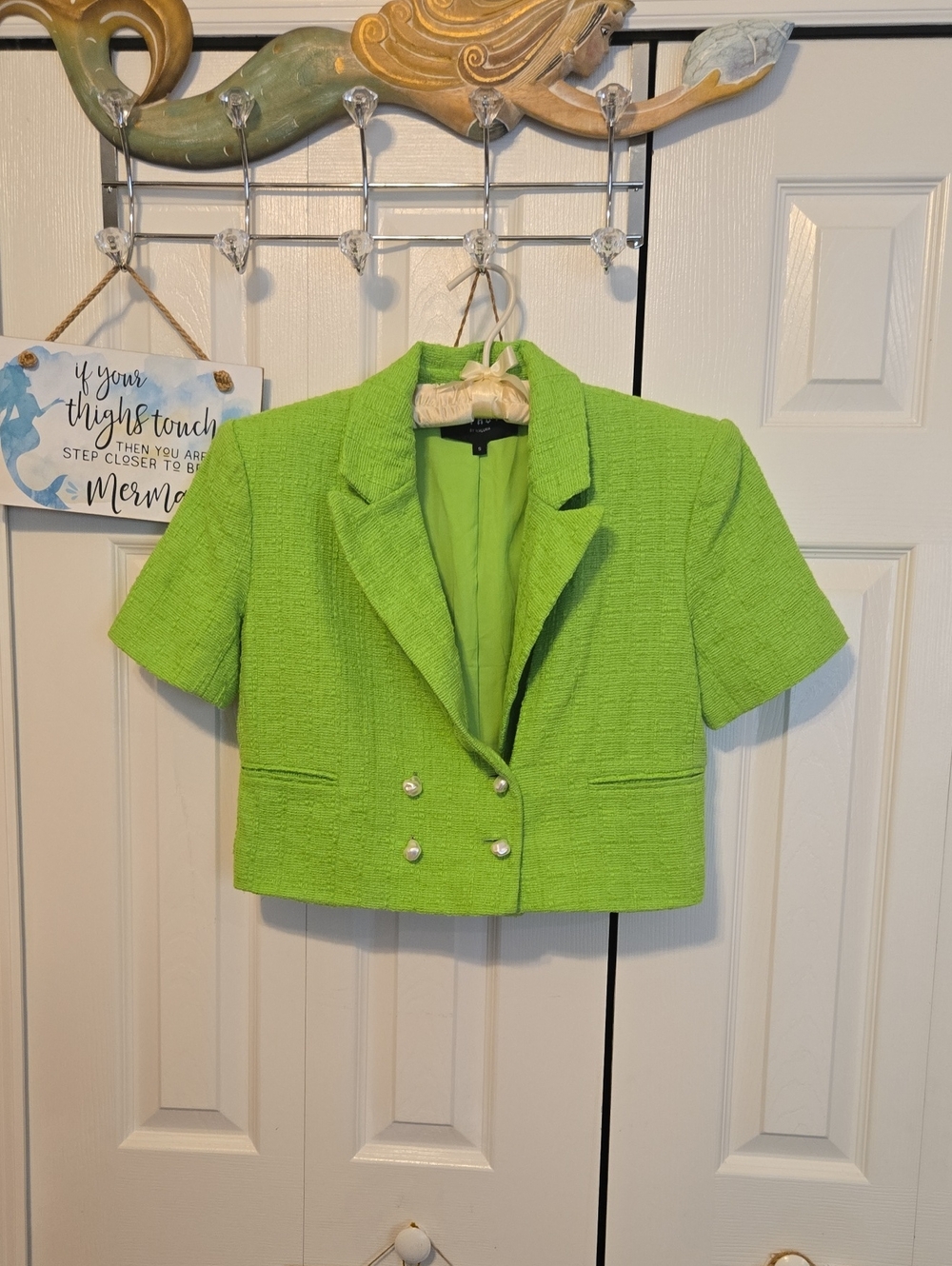 Cropped Lime Green Textured Short-Sleeve Blazer